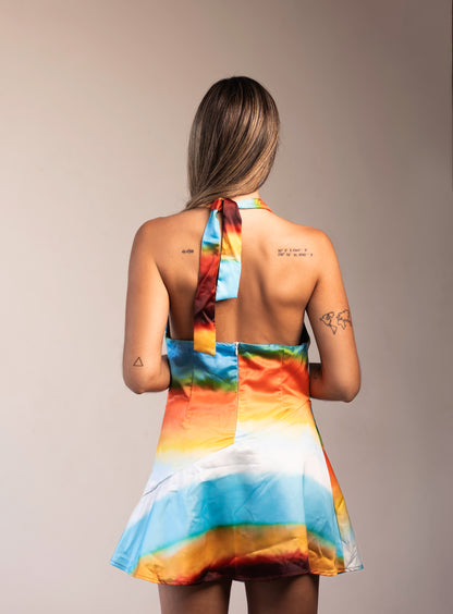 Vestido Liage Curto Festa Drapeado Cetim Frente Unica Tie Dye Vinho Laranja Amarelo Branco Azul Claro
