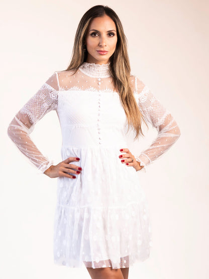 Vestido Liage Curto Liso Manga Comprida Tule Renda Botoes Gola Off-White Branco