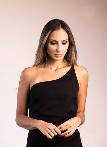 Vestido Longo Liage Festa Liso Um Ombro Só Fenda Preto