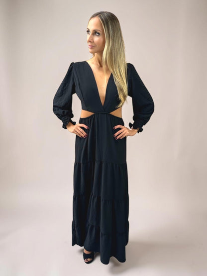 Vestido Liage Longo Manga Comprida Decote V Recorte Preto