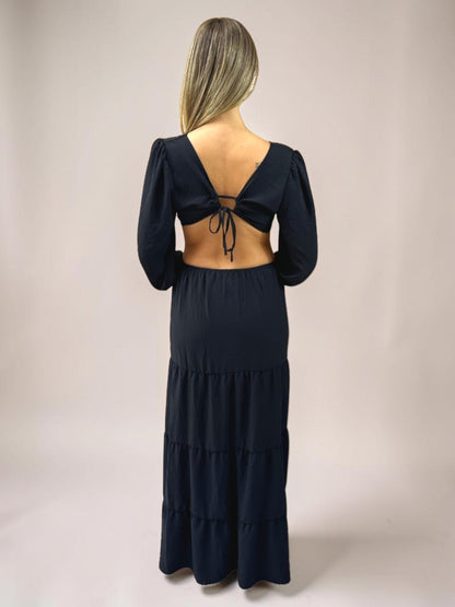 Vestido Liage Longo Manga Comprida Decote V Recorte Preto