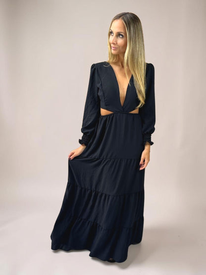 Vestido Liage Longo Manga Comprida Decote V Recorte Preto