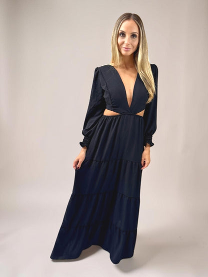 Vestido Liage Longo Manga Comprida Decote V Recorte Preto