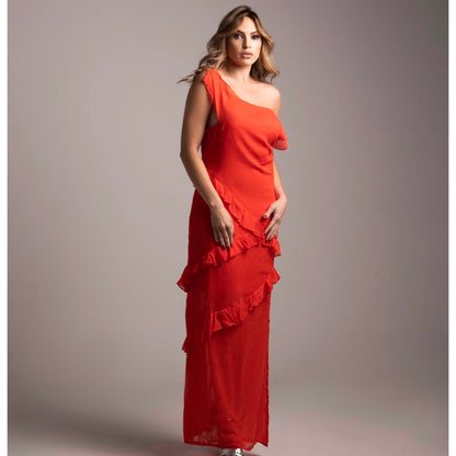Vestido Longo Liage Festa Decote Canoa babado Chifon Vermelho Laranja