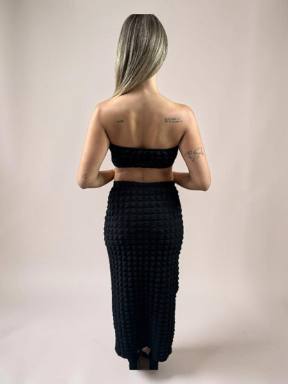 Conjunto Liage Saia Longa Comprida e Cropped Top Tomara Que Caia Texturizado Preto