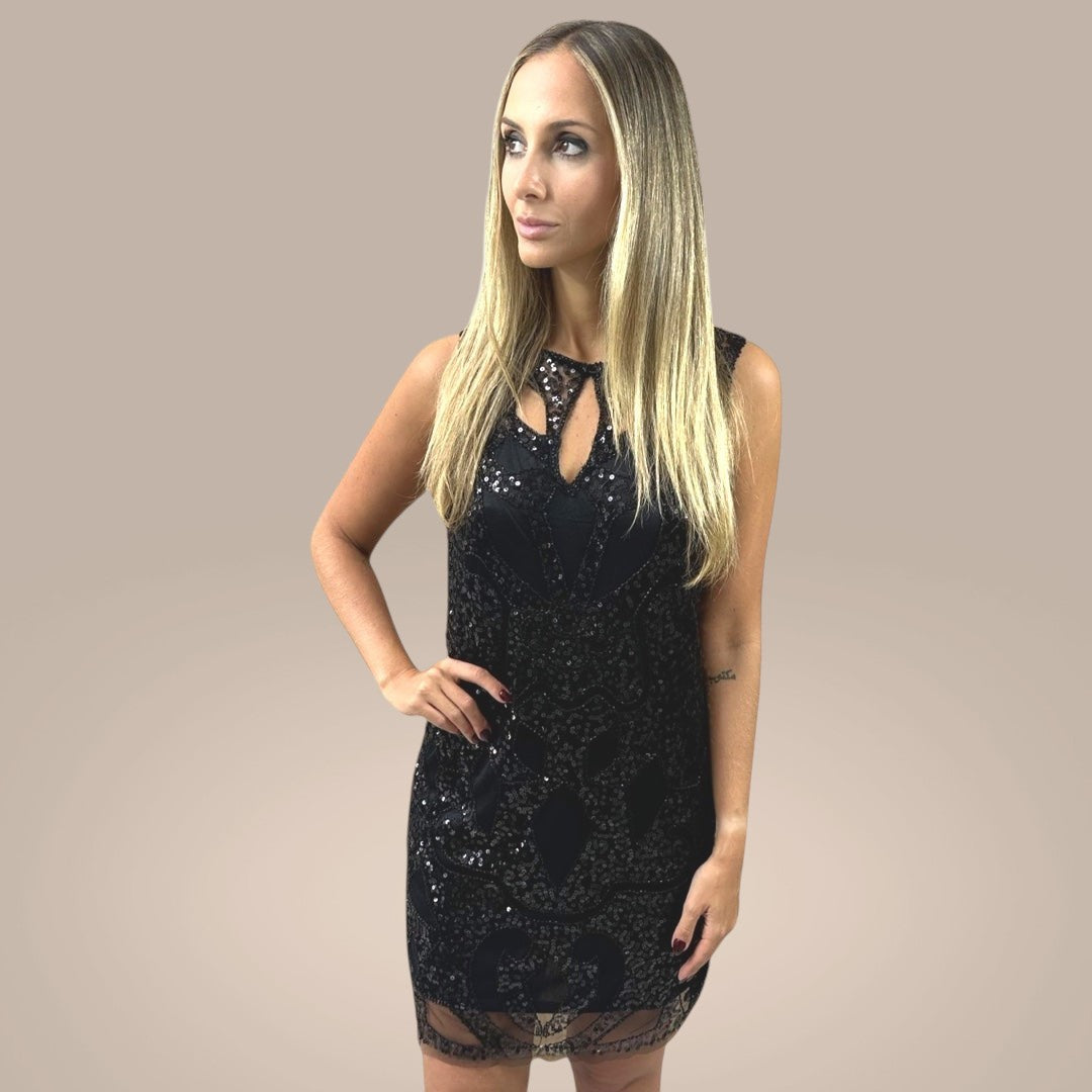 Vestido Liage Curto Festa Bordado Paete Tule Transparencia Brilho Sem Manga Preto
