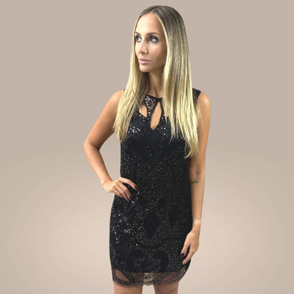 Vestido Liage Curto Festa Bordado Paete Tule Transparencia Brilho Sem Manga Preto