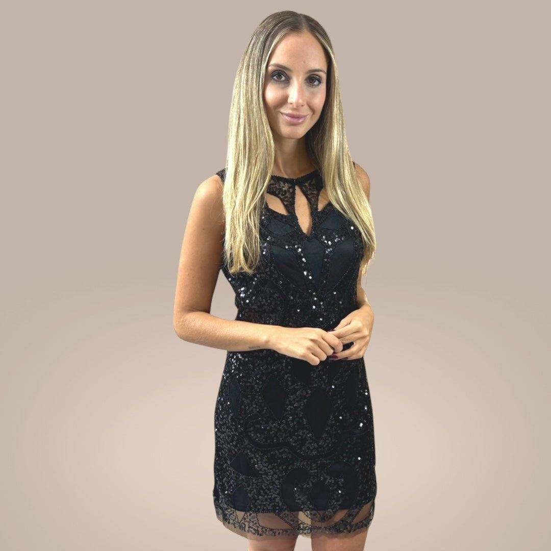 Vestido Liage Curto Festa Bordado Paete Tule Transparencia Brilho Sem Manga Preto