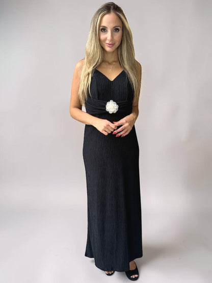 Vestido Liage Festa Longo Alça Alcinha Tecido Texturizado Flor Preto Nude