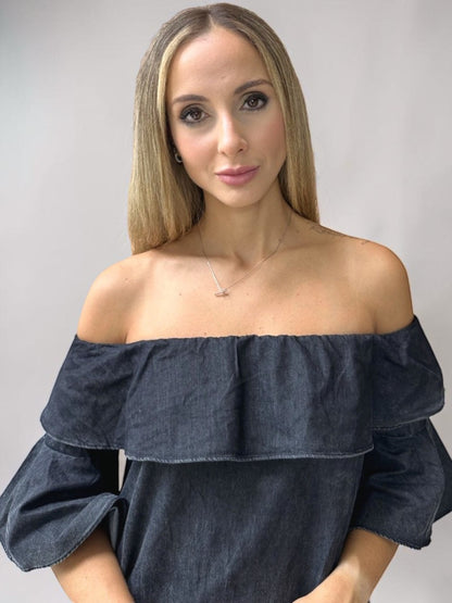 Vestido Liage Curto Jeans Denin Liso Babado Ombro a Ombro Ciganinha Azul Escuro