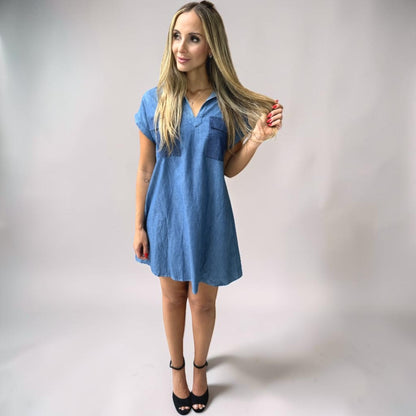 Vestido Liage Curto Jeans Denin Liso Bolso Gola Manga Curta Azul