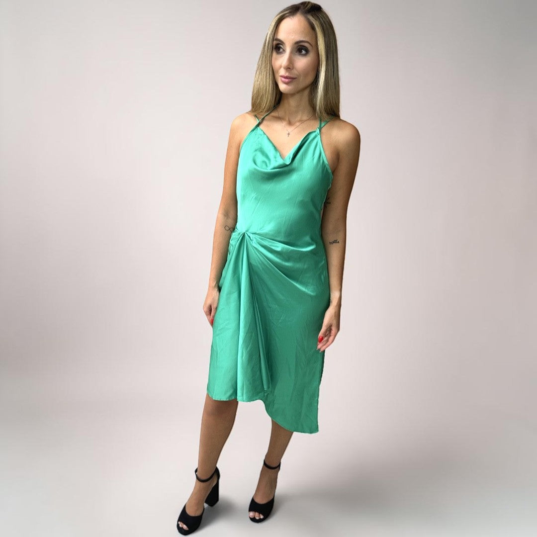 Vestido Liage Curto Festa Liso Brilho Alcinha Alça Drapeado Metalizado Verde Claro