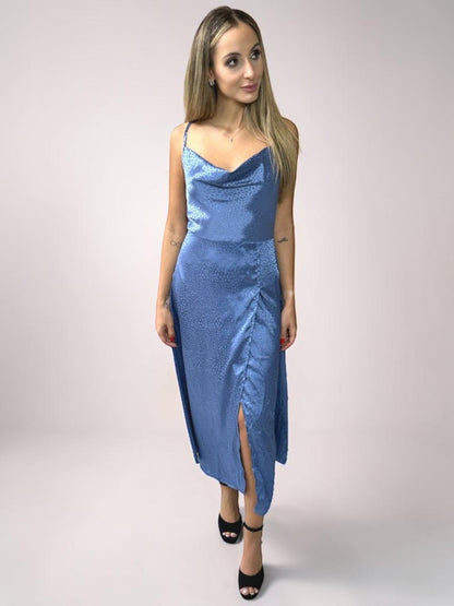 Vestido Liage Curto Festa Liso Brilho Onça Oncinha Fenda Alcinha Alça Drapeado Metalizado Azul Claro