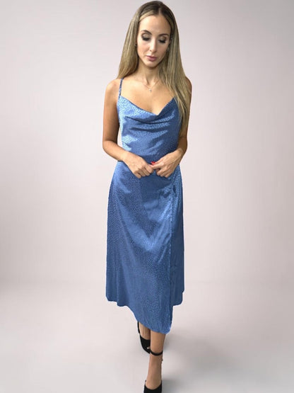 Vestido Liage Curto Festa Liso Brilho Onça Oncinha Fenda Alcinha Alça Drapeado Metalizado Azul Claro
