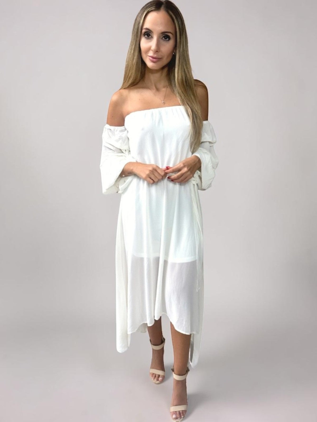 Vestido Liage Midi Mullet Liso Ombro a Ombro Babado Transparência Off White Nude