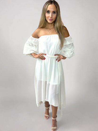 Vestido Liage Midi Mullet Liso Ombro a Ombro Babado Transparência Off White Nude