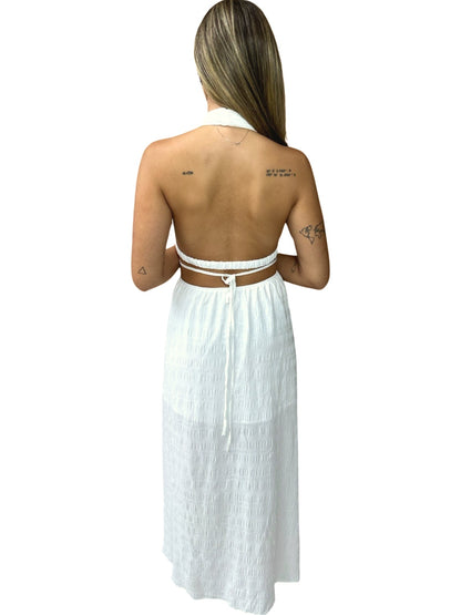 Vestido Liage Festa Longo Frente Unica Argola Fenda Tecido Texturizado Branco Off White