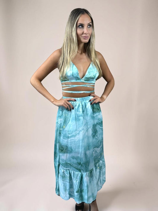 Conjunto Liage Estampado Saia Longa Comprida Babado e Cropped Top Amarração Azul Claro Turquesa