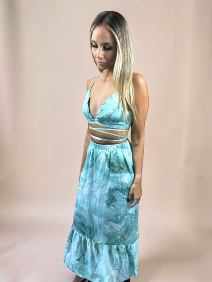 Conjunto Liage Estampado Saia Longa Comprida Babado e Cropped Top Amarração Azul Claro Turquesa