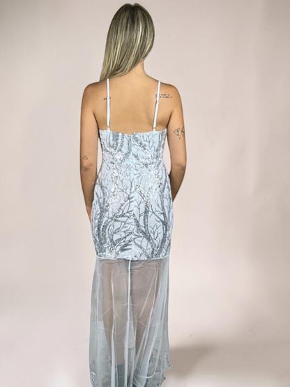 Vestido Liage Longo Festa Bordado Paete Tule Alça Alcinha Regulavél Transparencia Prata e Branco Off-White