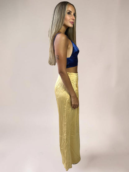 Conjunto Calça e Cropped Liage Liso Cetim Brilho Pantalona Alcinha Azul Marinho Escuro Amarelo