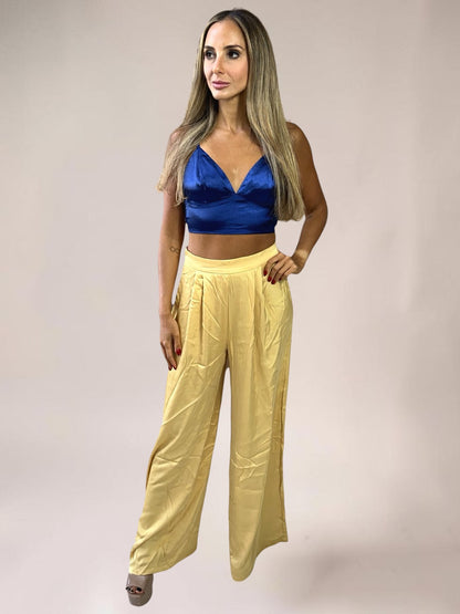 Conjunto Calça e Cropped Liage Liso Cetim Brilho Pantalona Alcinha Azul Marinho Escuro Amarelo
