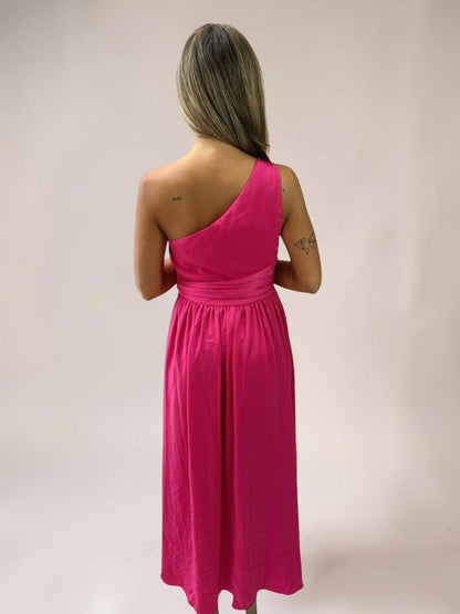 Vestido Liage Longo Festa Casamento Brilho Fenda Um ombro Rosa Choque Pink