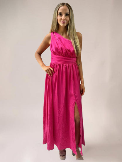 Vestido Liage Longo Festa Casamento Brilho Fenda Um ombro Rosa Choque Pink