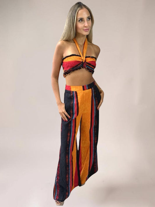 Conjunto Calça Pantalona e Cropped Alça Liage Listrado Listra Colorido Laranja Azul Escuro Marinho Vermelho