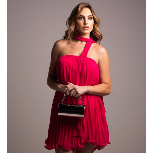 Vestido Liage Curto Plissado Tomara que Caia Solto Fita Rosa Pink