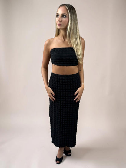 Conjunto Liage Saia Longa Comprida e Cropped Top Tomara Que Caia Texturizado Preto