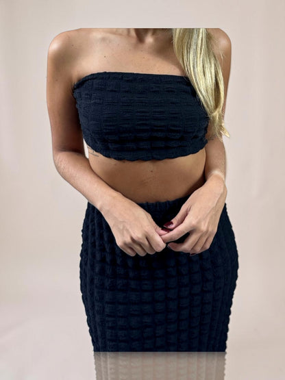 Conjunto Liage Saia Longa Comprida e Cropped Top Tomara Que Caia Texturizado Preto