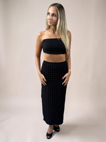 Conjunto Liage Saia Longa Comprida e Cropped Top Tomara Que Caia Texturizado Preto