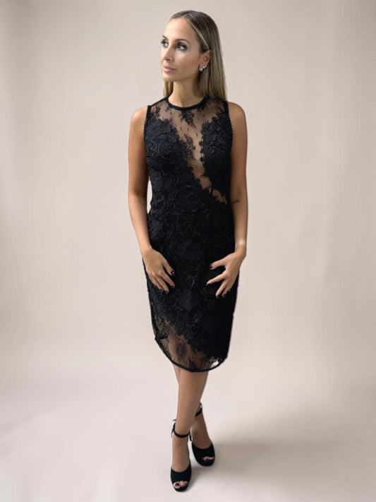 Vestido Liage Curto Bordado Renda Festa Transparência Tule Sem Manga Preto