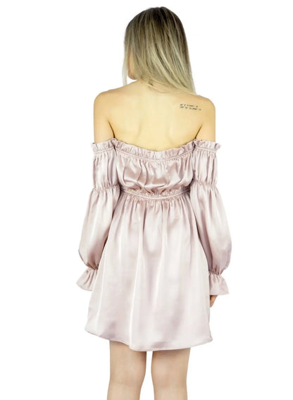 Vestido Liage Curto Ombro a Ombro Manga Comprida Cetim Rosa Claro/ Rosa Antigo Cintilante