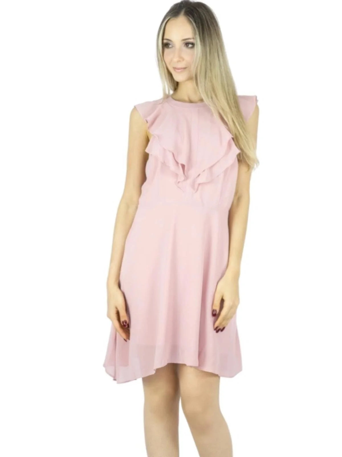 Vestido Liage Curto Liso Chiffon Babado Transparência Rosa Claro / Rosa Seco Antigo