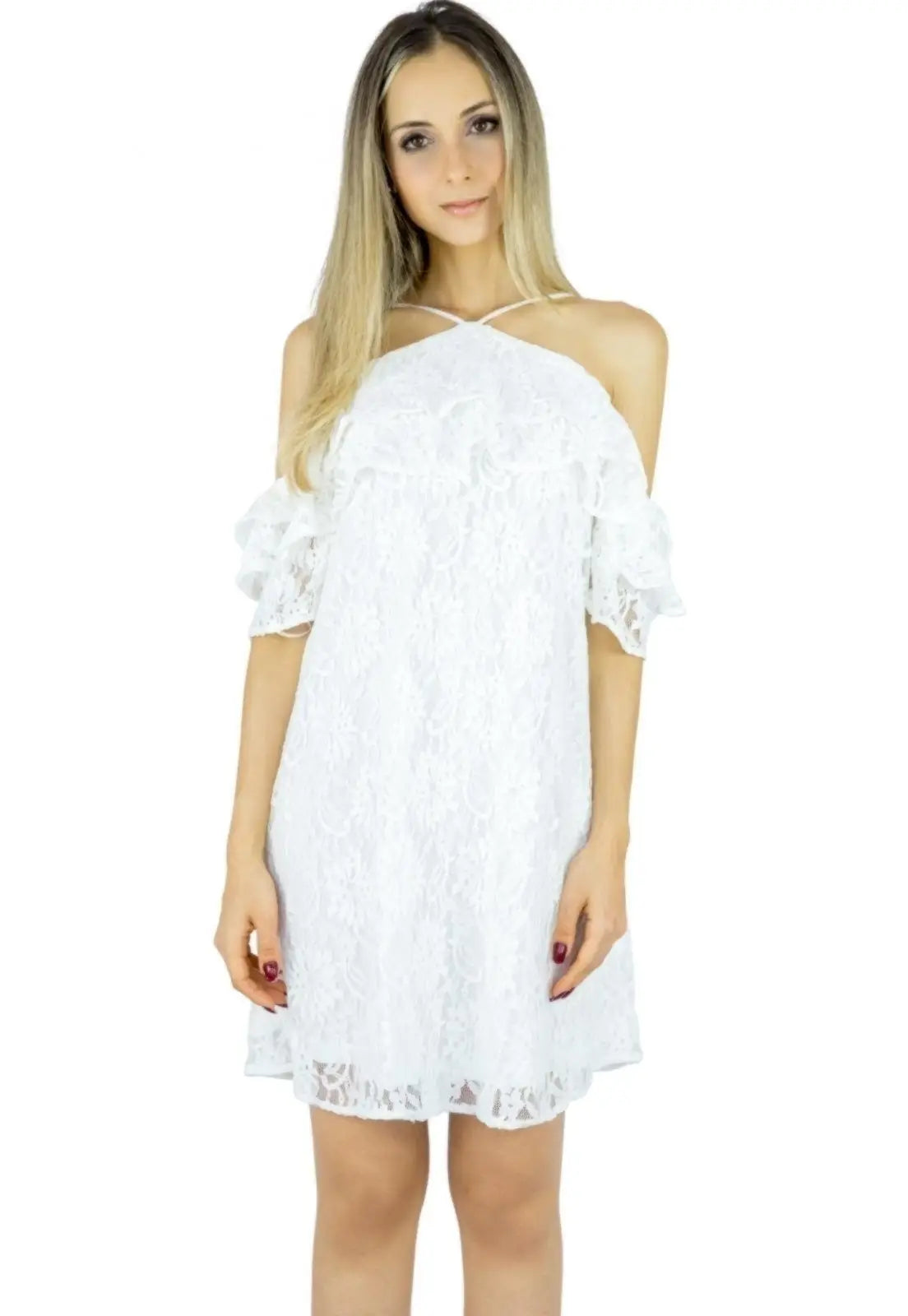 Vestido Liage Curto Renda Ciganinha Alcinha Transparência Off White / Branco