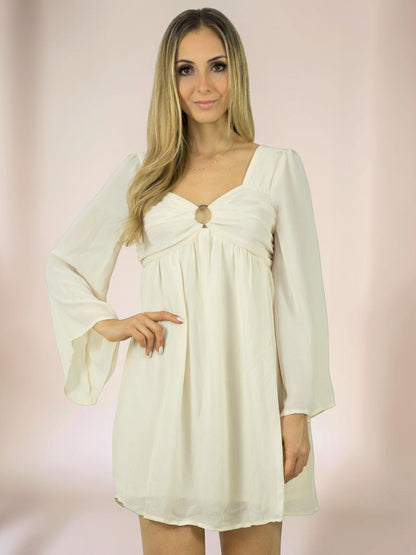 Vestido Liage Curto Liso Manga Comprida transparencia Boca Larga Detalhe Argola Metal Nude / Off-White