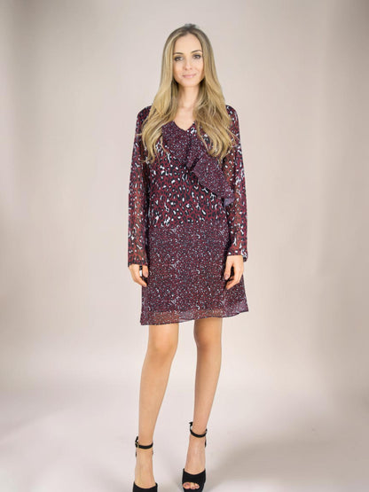 Vestido Liage Curto Estampado Onça Oncinha Babado Transparencia Manga Longa Preto Branco Vinho / Bordô