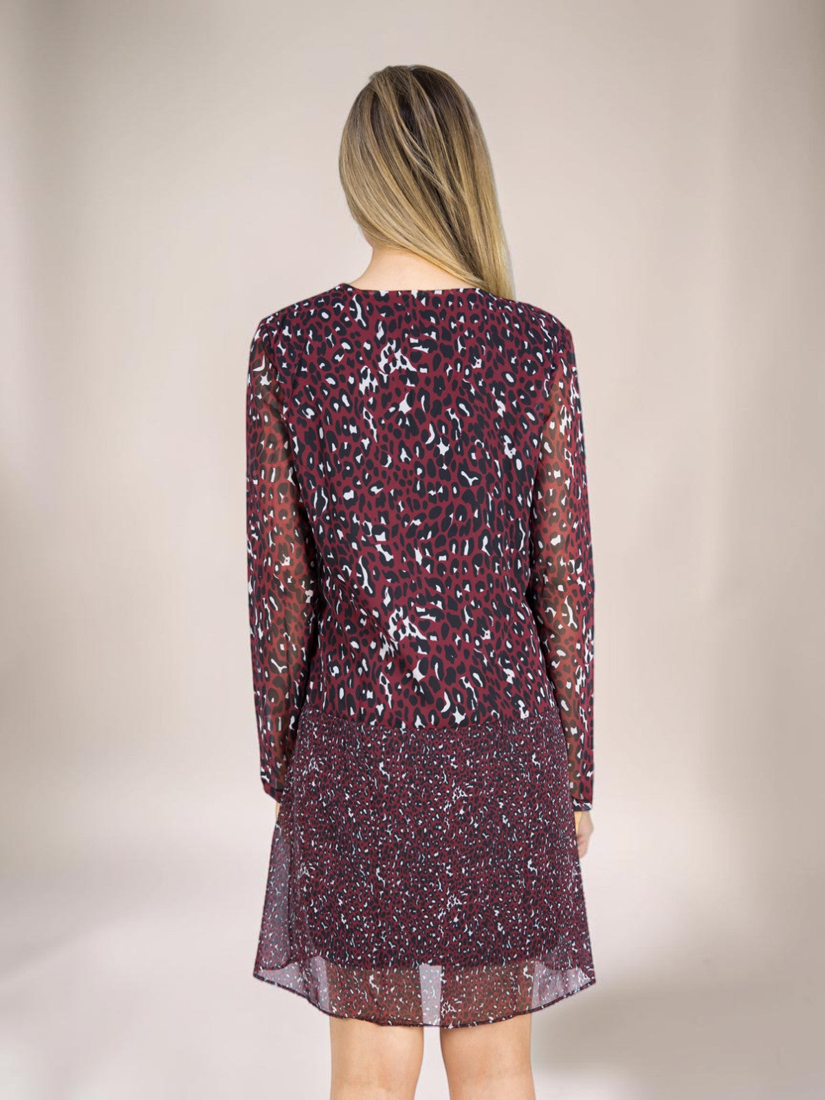 Vestido Liage Curto Estampado Onça Oncinha Babado Transparencia Manga Longa Preto Branco Vinho / Bordô