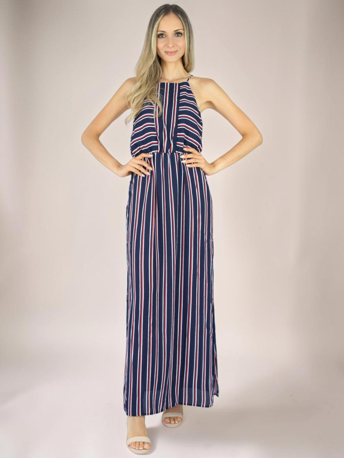 Vestido Longo Liage Listrado Alça Transparencia Fenda Lateral Listra Azul Marinho Vermelho / Vinho Branco /Off-White