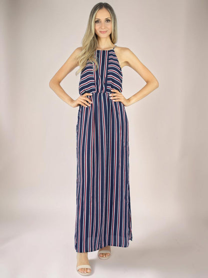 Vestido Longo Liage Listrado Alça Transparencia Fenda Lateral Listra Azul Marinho Vermelho / Vinho Branco /Off-White