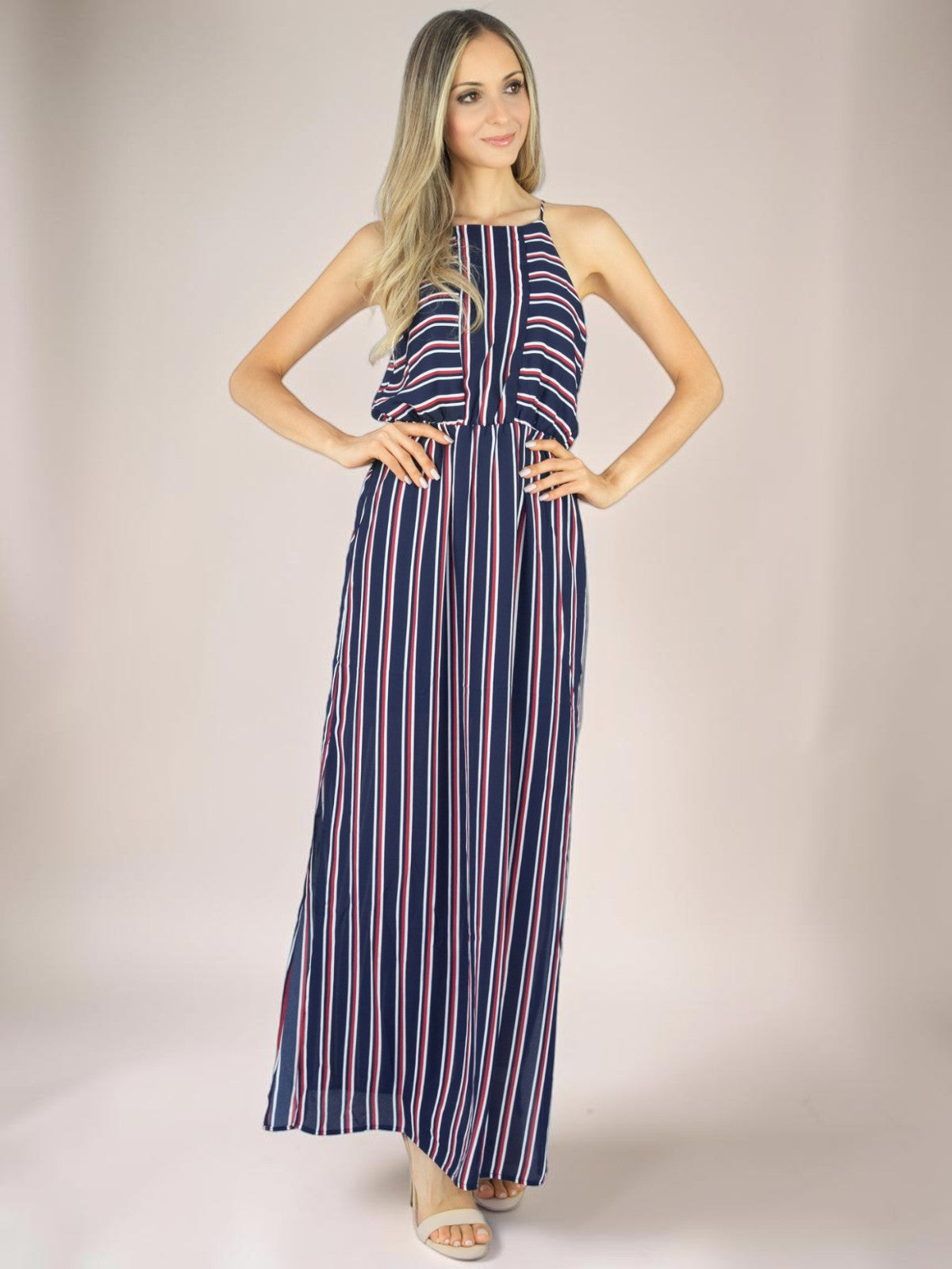 Vestido Longo Liage Listrado Alça Transparencia Fenda Lateral Listra Azul Marinho Vermelho / Vinho Branco /Off-White