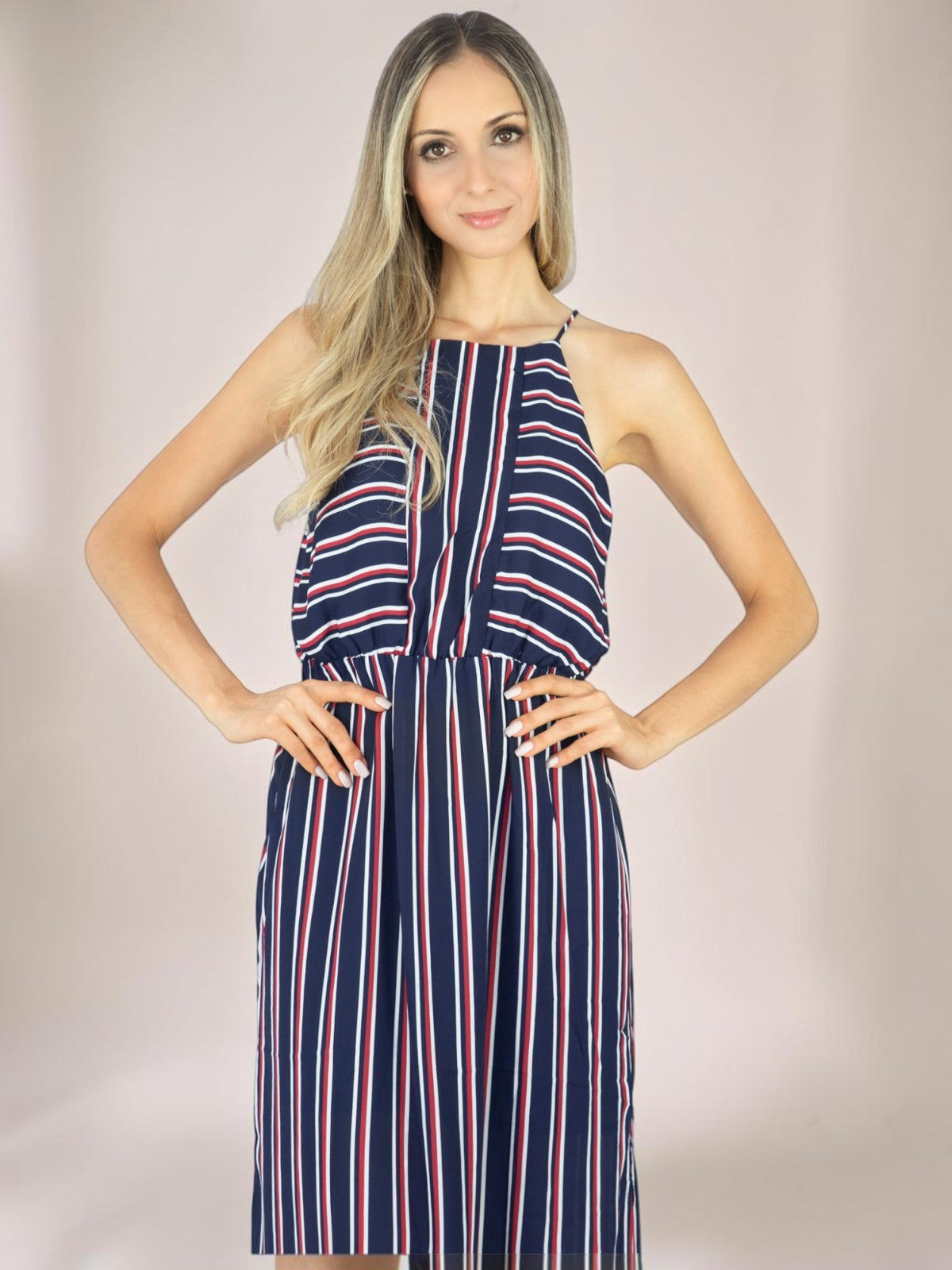 Vestido Longo Liage Listrado Alça Transparencia Fenda Lateral Listra Azul Marinho Vermelho / Vinho Branco /Off-White