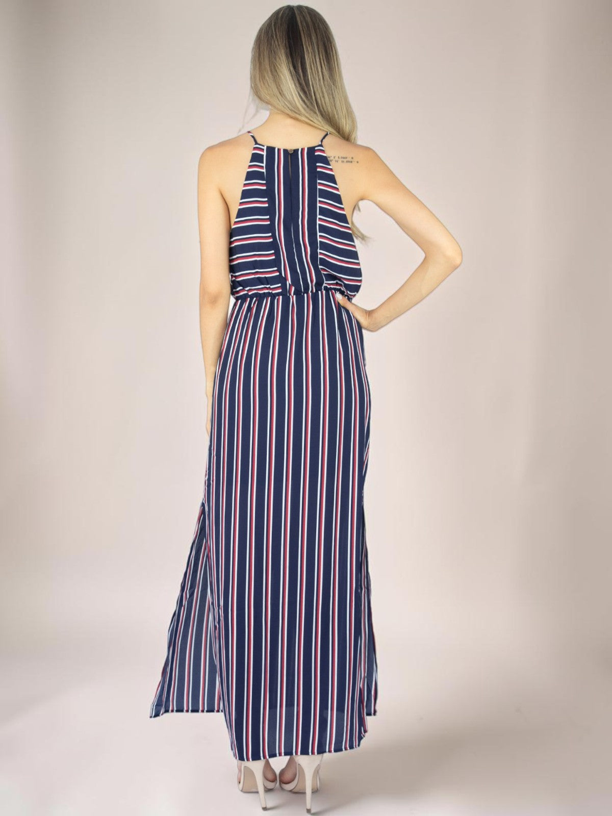 Vestido Longo Liage Listrado Alça Transparencia Fenda Lateral Listra Azul Marinho Vermelho / Vinho Branco /Off-White