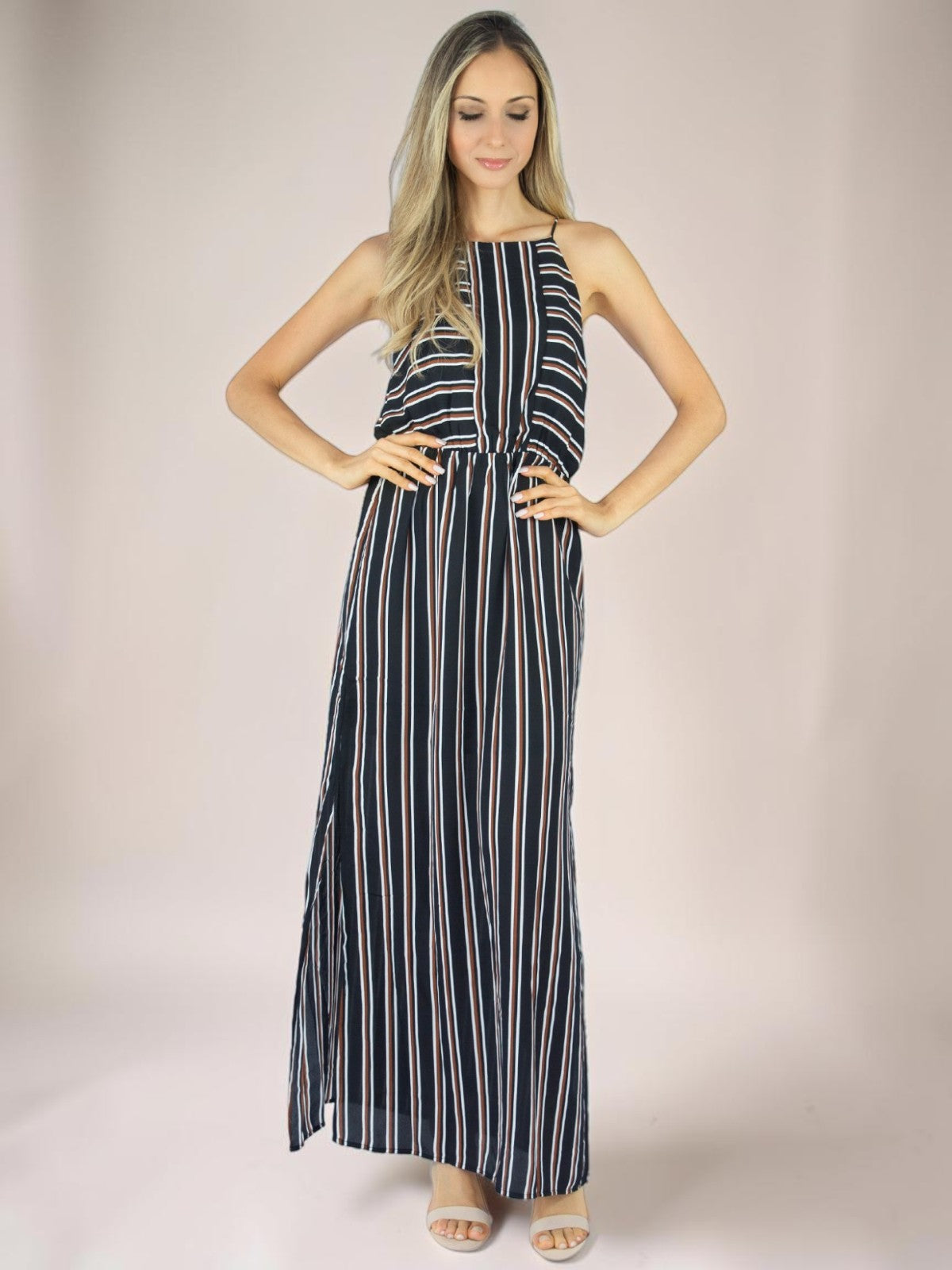 Vestido Longo Liage Listrado Alça Transparencia Fenda Lateral Listra Preto Marrom Nude / Off-White