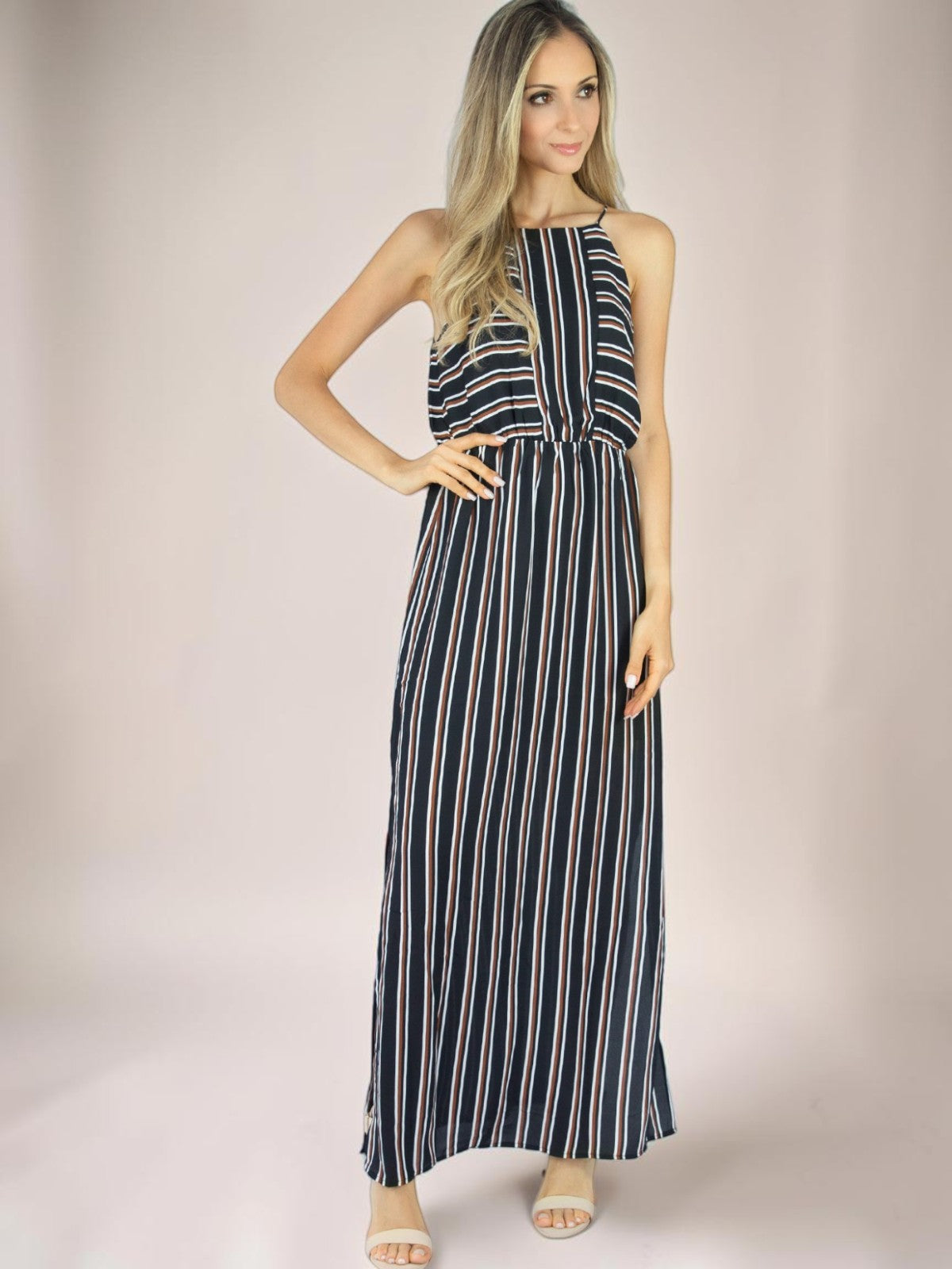 Vestido Longo Liage Listrado Alça Transparencia Fenda Lateral Listra Preto Marrom Nude / Off-White