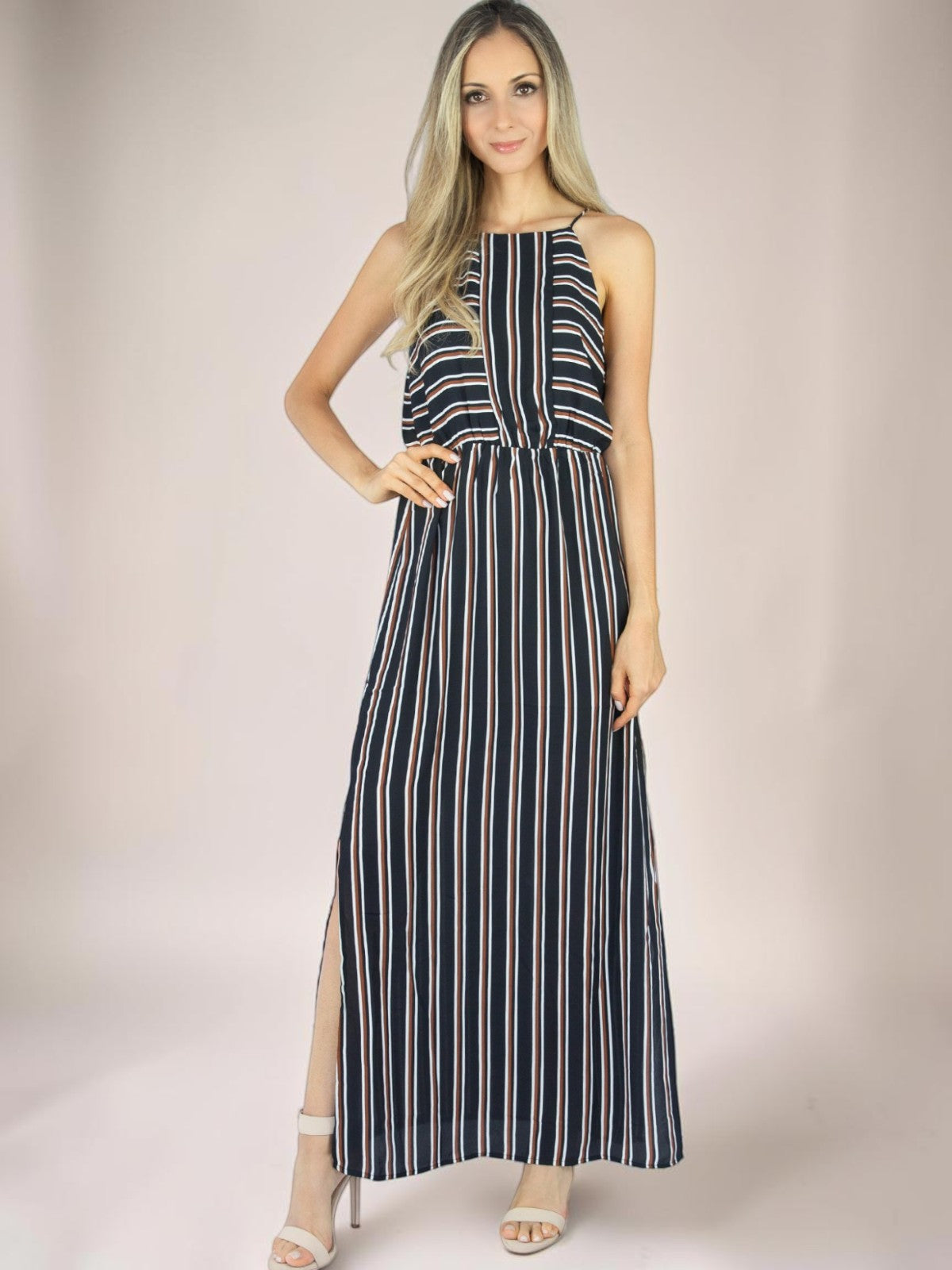 Vestido Longo Liage Listrado Alça Transparencia Fenda Lateral Listra Preto Marrom Nude / Off-White