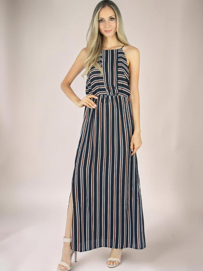 Vestido Longo Liage Listrado Alça Transparencia Fenda Lateral Listra Preto Marrom Nude / Off-White