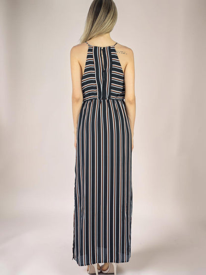 Vestido Longo Liage Listrado Alça Transparencia Fenda Lateral Listra Preto Marrom Nude / Off-White